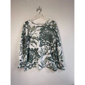 Soft Surroundings Womens Floral Knit Sweater Large Green White Cotton Pullover
